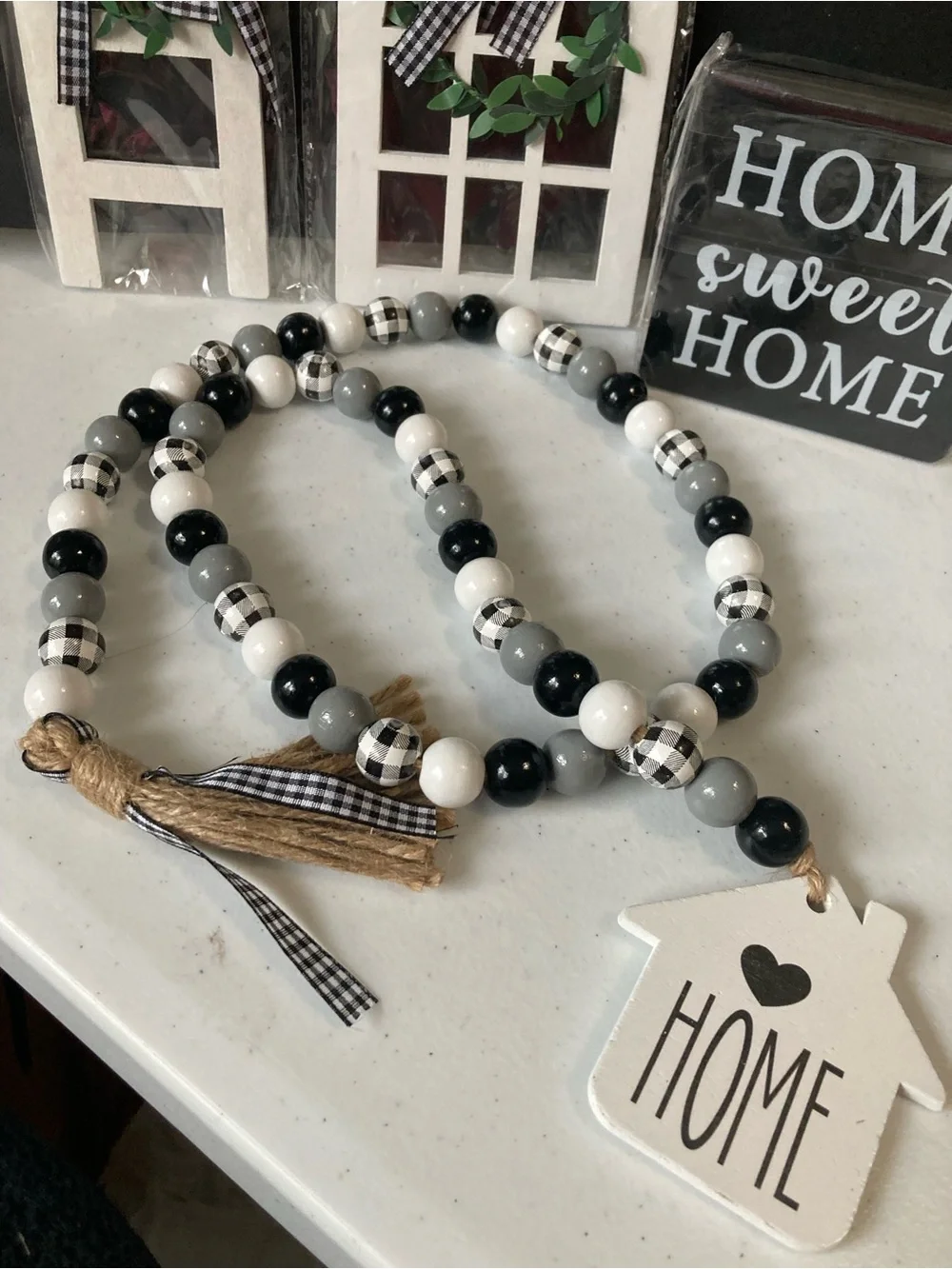 Farmhouse Black & White HOME Bead Garland with Tassel - Shelf Decor Cottagecore